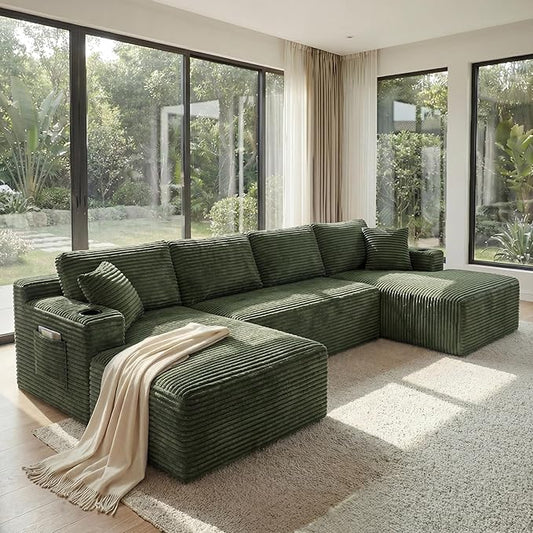 133" Oversized Cloud Boneless Sofa Couch with Chaise, Modern Corduroy U Shaped Modular Sectional Sofa with Deep Seat, Comfy Couch with Cupholders and Storage, No Assembly Required-Green