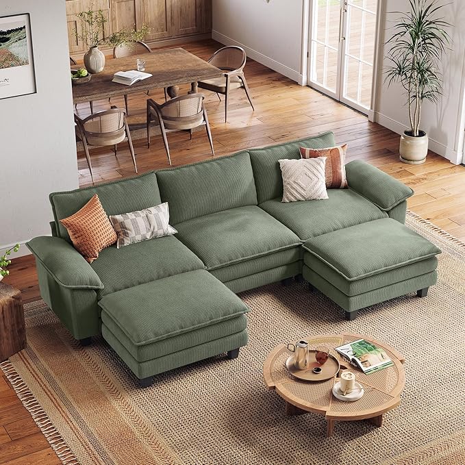 LINSY HOME 123" Modular U-Shaped Sectional Sofa, 3-Seat Corduroy Modern Cloud Couch with Deep Seat & 2 Movable Ottoman, Perfect for Living Room, Office, Bedroom, Green