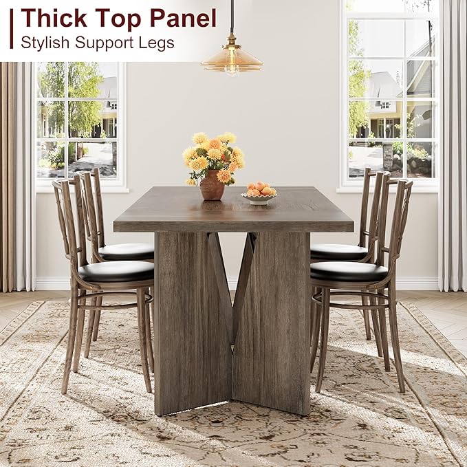 GarveeHome 70.9'' Rectangular Dining Table for 6-8, Wooden Thickened Long Desk, Farmhouse Kichen Table with Sturdy Frame and M-Shaped Legs, for Dining Room, Kitchen, Living Room, Office, Grey