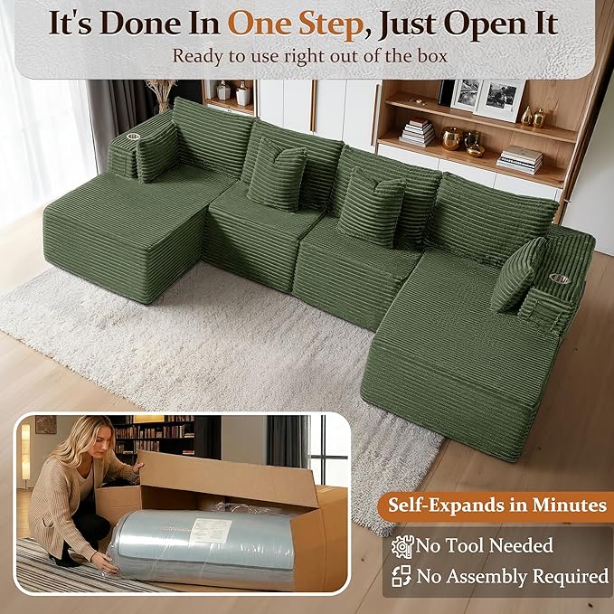 138" Cloud Sectional Couch, Comfort U Shaped Sofa for Living Room, Extra Deep Seats No Assembly, Minimalist Modular Couch, Corduroy (Olive Green, 6 Seats,U-Shape C)