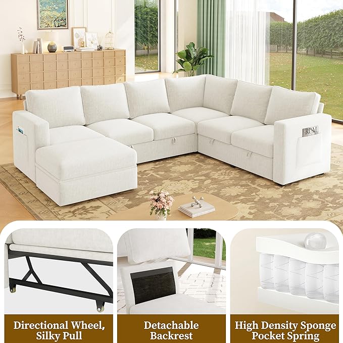83.5" Sectional Sleeper Sofa with Pull Out Couch, Modern 5 Seat L Shaped Modular Couch, Sectionals Modular Sofa with Storage, Comfy Sectional Couches for Living Room & Apartment,Light Beige