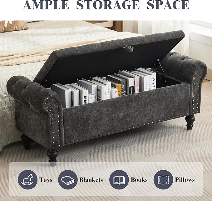 51" Storage Ottoman Bench, End of Bed Bench for Bedroom, Chenille Upholstered Benches for Foot of Bed, Window Benches, Storage Ottomans for Living Room, Entryway, Dark Gray