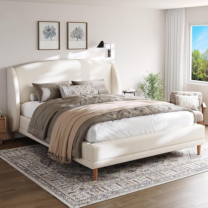 Hazel California King Size Bed Frame, Upholstered Platform Bed, Soft Boucle Headboard, Wood Bed Support and Slats, Curved-Shaped Headboard California King Bed, 43.90" H White