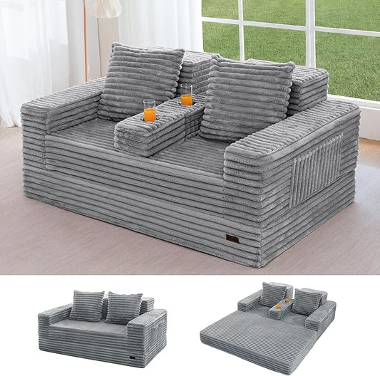 MAXYOYO Loveseat Sofa Bed, Striped Faux Fur Foldable Floor Sofa Couch in A Box, 4 in 1 Convertible Boneless Couch with 2 Cup Holders, Folding Recliner Sleeper Chair, No Assembly Required, Grey