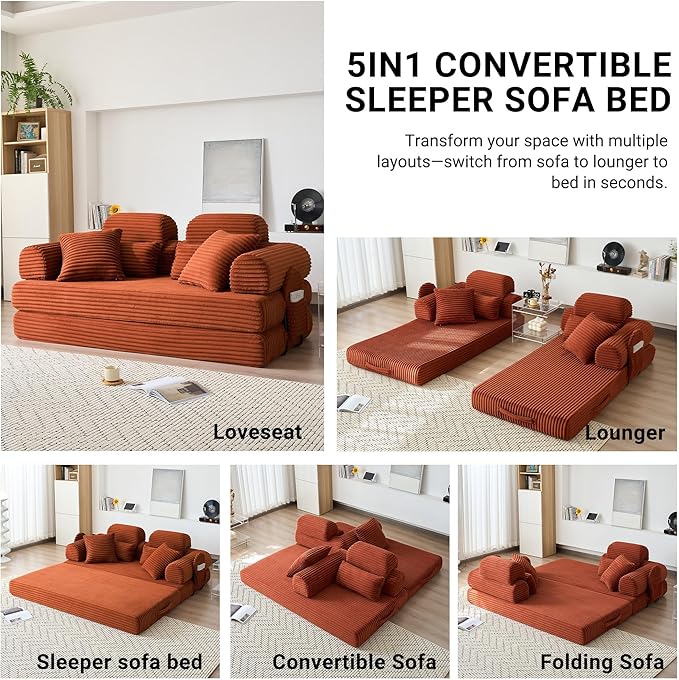 78.8" Convertible Sofa Bed with High Backrest Headrest, 5-in-1 Corduroy Boneless Couch with Side Pocket, Sleeper Loveseat Couch Bed Sectional Couches for Living Room, No Assembly, Orange