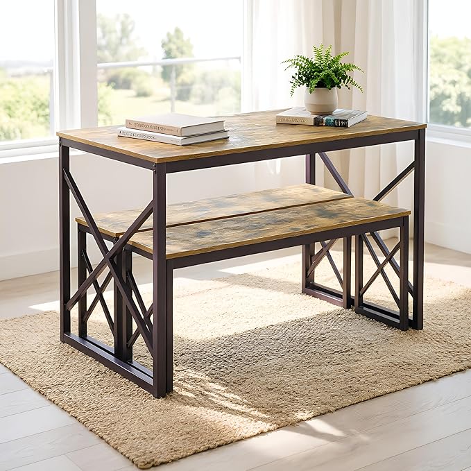 VECELO 43.3" Kitchen Dining Table Set for 4, Heavy-Duty Steel Frame & Wood-Grain Tabletop, Space-Saving Dinette Sets with 2 Benches for Breakfast Nook and Small Space, Brown