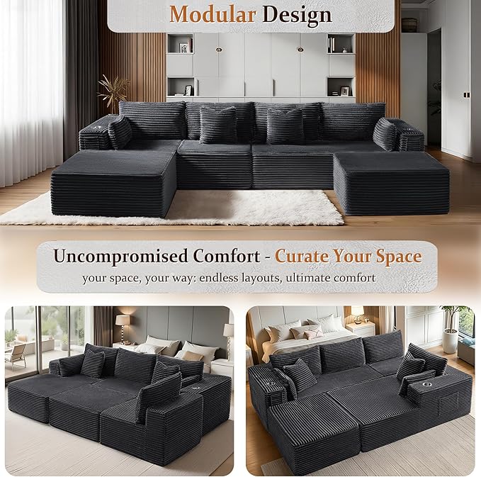 37" Cloud Sectional Couch Ottoman for Living Room, Extra Deep Seats No Assembly, Minimalist Modular Couch, Corduroy (Dark Grey, Single Ottoman)