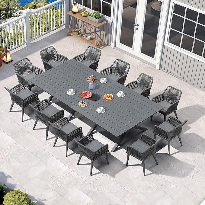 PURPLE LEAF 14 Pieces Outdoor Patio Dining Set All-Weather PE Rattan Furniture Set with All Aluminum Frame Rectangular Table and Chairs Set for 12 People Lawn Garden Backyard Deck, Grey
