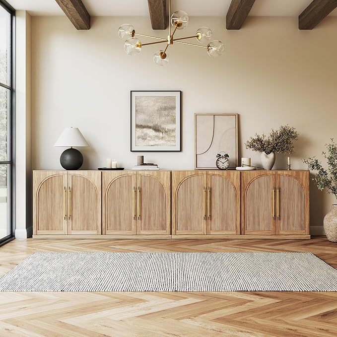 BELLEZE Set of 2 65" Sideboard Cabinet with Double-Arc Wood Doors, Large Buffet Cabinet with Storage and Adjustable Shelves, Classic Modern Console Table for Dining Room Living Room Entryway (Camel)