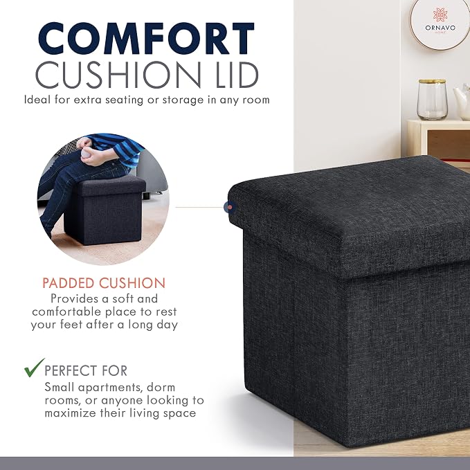 Ornavo Home Small Storage Ottoman, Set of 2 Foldable Collapsible Cube Square Linen Ottoman Foot Rest Stool Seat, for Living Room, Bedroom, Home Office, Dorm - 12 x 12 x 12, Black