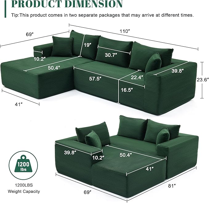 Mangodan 110” Cloud Sectional Couch, Modular Sectional Sofa for Living Room, Boneless Sofa with Deep Seat, Comfy Fluffy Couch with L-Shaped Chaise, No Assembly Required (Left-Facing Chaise, Green)