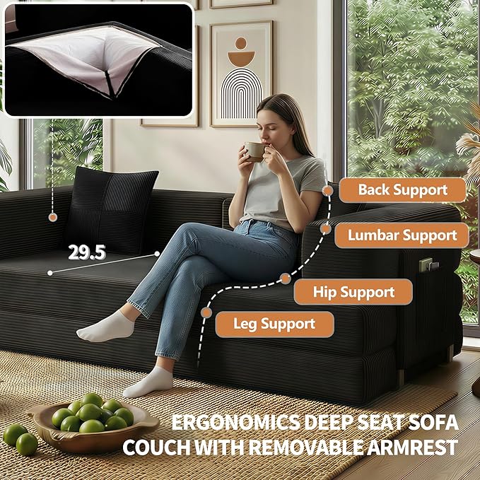 78.8" Convertible Sofa Bed with Armrest Pillow, 4-in-1 Sleeper Couch Bed for Livingroom, Modular Corduroy Boneless couches, No Assembly (Black)
