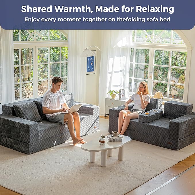 MAXYOYO Loveseat Sofa Bed, 64" Foldable Floor Sofa Couch in A Box with 2 Cup Holders, 4 in 1 Convertible Boneless Couch Folding Recliner Sleeper Chair for Living Room,Charcoal Grey