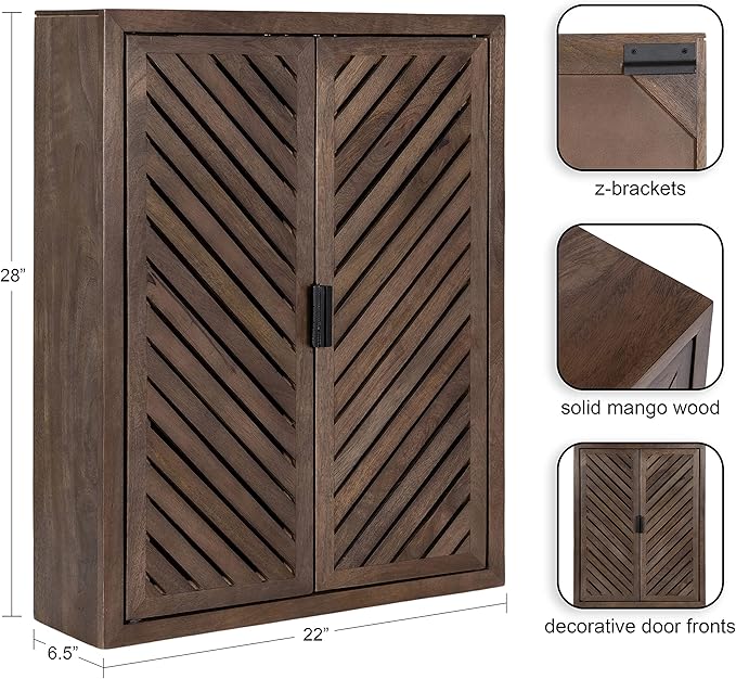 Kate and Laurel Mezzeta Decorative Modern Two-Door Floating Bathroom Cabinet; 28 x 22 x 7; Natural Wood; Decorative Over Toilet Storage Cabinet Made from Solid Mango Wood with Slatted Chevron Design