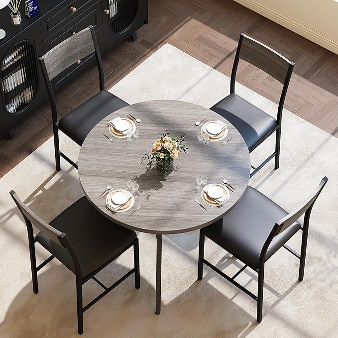 Pamapic Round Dining Table Set for 4, Kitchen Table and Chairs for 4, Dining Room Circle Dinner Pedestal Table, Solid Metal Frame, Space Saving Wood Small Kitchen & Dining Room Furniture, Gray