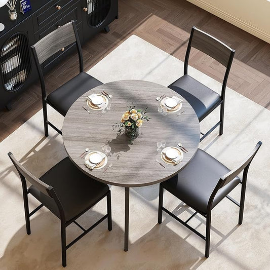 Pamapic Round Dining Table Set for 4, Kitchen Table and Chairs for 4, Dining Room Circle Dinner Pedestal Table, Solid Metal Frame, Space Saving Wood Small Kitchen & Dining Room Furniture, Gray