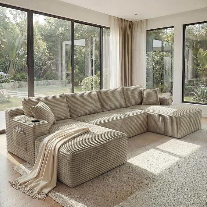 133" Oversized Cloud Boneless Sofa Couch with Chaise, Modern Corduroy U Shaped Modular Sectional Sofa with Deep Seat, Comfy Couch with Cupholders and Storage, No Assembly Required-Camel