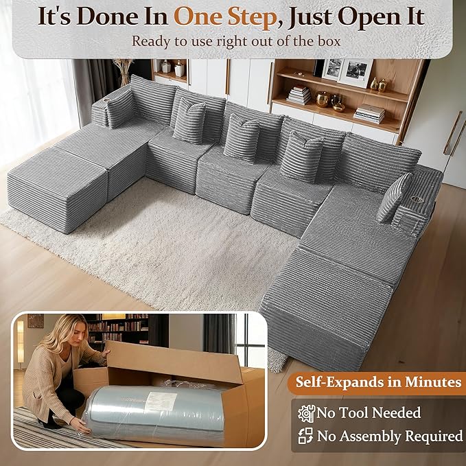 168" Cloud Sectional Couch, Comfort U Shaped Sofa for Living Room, Extra Deep Seats No Assembly, Minimalist Modular Couch, Corduroy (Light Grey, 9 Seats,U-Shape B)