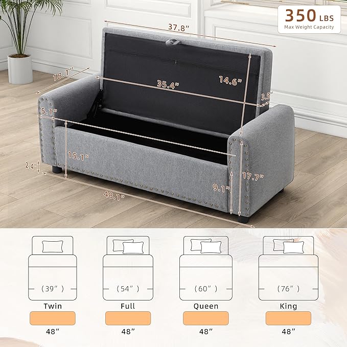 48" Ottoman with Storage, Tufted Storage Ottoman Bench, Convenient Living Room Fabrics Bench Seat, Entryway Shoe Benches with Inner Zipper&Arm, Upholstered Window Seat Ottomans with Rivets, Dark Grey