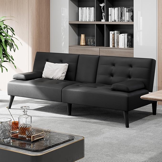 Shintenchi Futon Sofa Bed, Leather Foldable Futon Couch, Reclining Sleeper with Removable Armrests, Upholstered Loveseat Sofa Couch with Folding Cup Holders for Home, Office(Black)