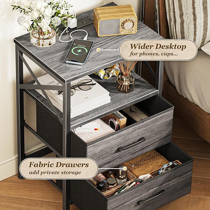 Huuger Nightstands Set of 2, Night Stand with Charger Station, 2 Drawer Side Table with Open Shelf, USB-C Port, End Table for Small Spaces, X Shaped Side Rail, Grey