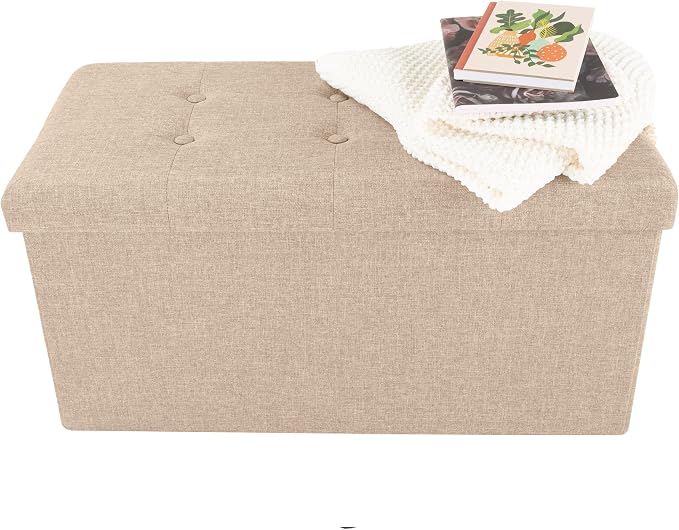 Lavish Home Folding Storage Ottoman - Set of 2 30-Inch Tufted Footrest, Linen Chest, or Bench with Removable Bin for Living Room, Bedroom, or Dorm (Beige)
