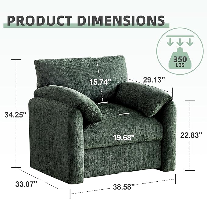 Howjoe Chenille Oversized Armchair, 38.6" Wide Accent Chairs for Living Room & Bedroom Modern Lounge Chair, Upholstered Mid-Century Reading Chair, Comfy Living Room Chair, Single Sofa Chair, Green
