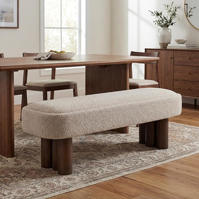 Christopher Knight Home Damas 60.04" Fabric Upholstered Dining Bench, Wooden Entryway Bench, Long Sofa Footstool for Living Room, Bedroom End of Bed Bench, Khaki+Walnut