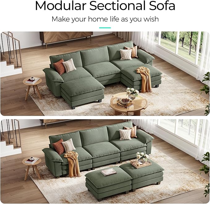 LINSY HOME 123" Modular U-Shaped Sectional Sofa, 3-Seat Corduroy Modern Cloud Couch with Deep Seat & 2 Movable Ottoman, Perfect for Living Room, Office, Bedroom, Green