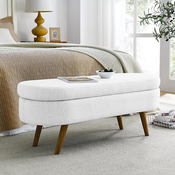 43.5" Ottoman with Storage, Storage Ottoman Bench with Safety Hinge, Linen End of Bed Bench, Upholstered Entryway Bench for Bedroom, Living Room & Window, Holds up to 330 lb, White