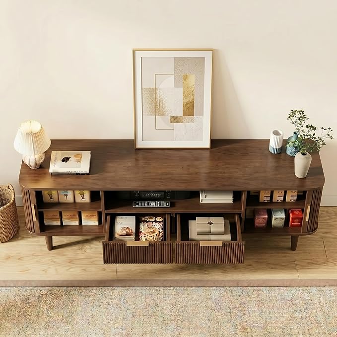 Mid Century TV Stand for TVs Up to 70 Inch, Fluted Media Console with Tambour Sliding Door, Solid Wood Entertainment Center with Storage for Living Room Bedroom Office(Walnut)