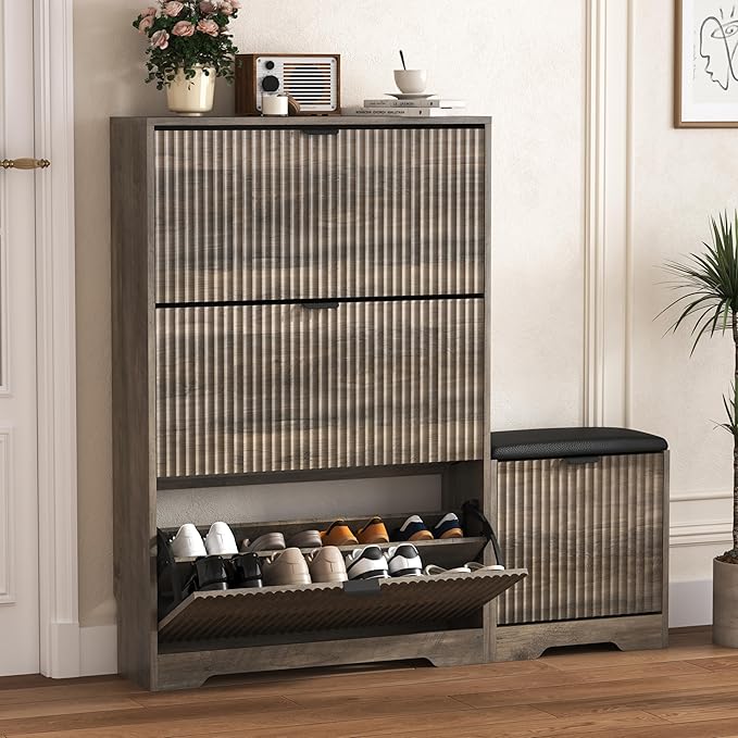 HUANLEGO Shoe Cabinet Storage for Entryway with 4 Flip Drawers, Grey Fluted Shoe Cabinet with Bench, Wooden Hidden Shoe Rack Freestanding Narrow Slim Shoes Storage Organizer for Hallway, Entrance