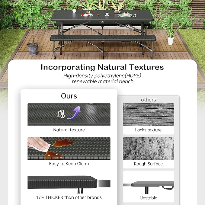 VSOAEIL 6 Foot Folding Bench, Portable Plastic Folding Bench Seat, Foldable Seat for Indoor Outdoor Picnic Camping Dining, Soccer Garden Multipurpose Entertaining Activities, Black Rattan, 1 Pack