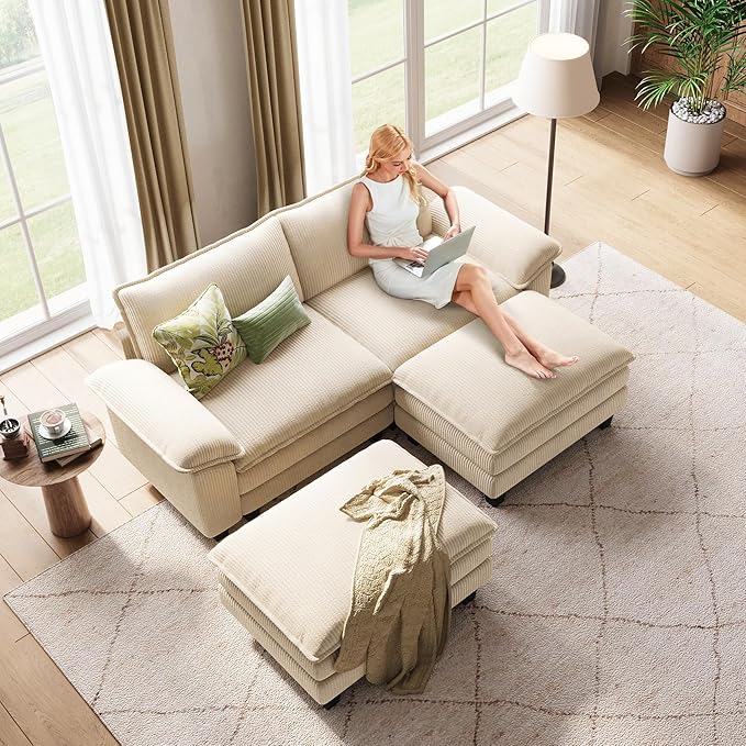 LINSY HOME 90" Modular Cloud Love Seat Sofa, Corduroy Soft Sectional Couch, Modern Comfy Love Seat with 2 Movable Ottoman, Perfect for Living Room, Apartment, Office, Beige