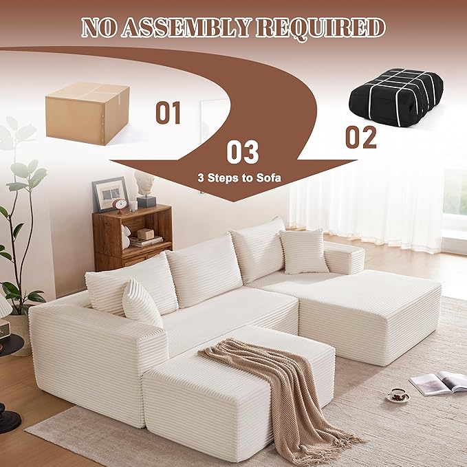 Mangodan 110” Cloud Sectional Couch, Boneless Sofa for Living Room, Modular Sectional Sofa with Deep Seat, Comfy Fluffy U-Shaped Couch with Right-Facing Chaise, No Assembly Required, Beige