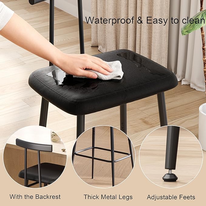 Bar Stools Set of 2, Tall Bar Stools with Backrest and Footrest, Counter Height Bar Chairs, Industrial Barstools with PU Leather Cushion, for Kitchen, Dining Room, Bar, Cafe (Black) KBS515B