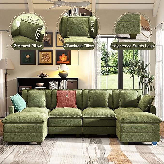 107" Cloud Couch Sectional, U Shaped Modular Sectional Sofa, 4-Seat Deep Seat Couch with 6 Removable Washable Pillows and 2 Ottoman for Living Room, Bedroom, Apartment, Green