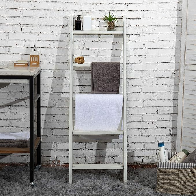 MyGift Large Whitewashed Wood Ladder Blanket Ladder, Farmhouse Style Wall Leaning Towel Rack with 5 Rungs (Vintage White)