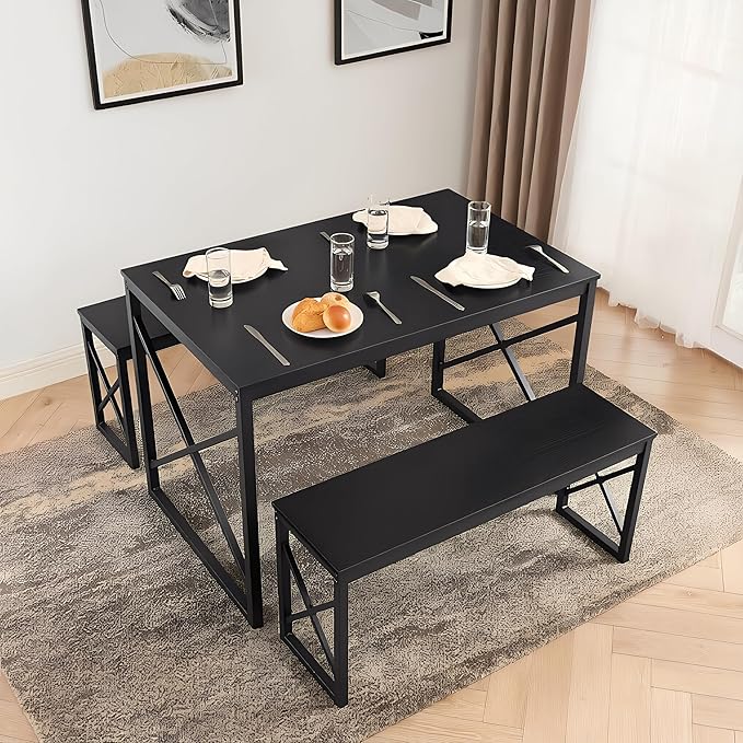 VECELO 43.3" Kitchen Dining Table Set for 4, Heavy-Duty Steel Frame & Wood-Grain Tabletop, Space-Saving Dinette Sets with 2 Benches for Breakfast Nook and Small Space, Black