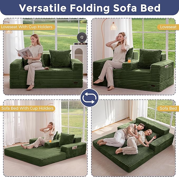 MAXYOYO Loveseat Sofa Bed, Striped Faux Fur Foldable Floor Sofa Couch in A Box, 4 in 1 Convertible Boneless Couch with 2 Cup Holders, Folding Recliner Sleeper Chair, No Assembly Required, Pine Green