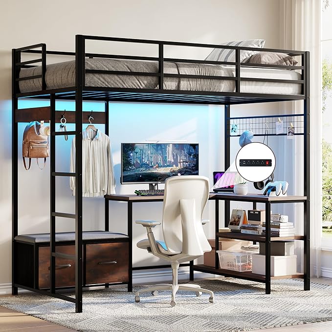 Vabches Twin Size Loft Bed with L-Shaped Desk, LED Lights, Charging Station, Loft Bed Frame with with Storage Drawers,Coat Rack, Safety Guardrail & Ladder, Rustic Brown