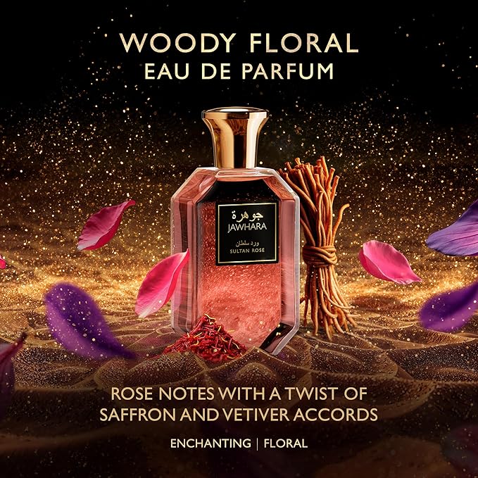 Jawhara Sultan Rose | ウッディフローラル オードパルファム 100ml | サフラン、タイフローズ、ウォームバニラ、ホワイトムスクの香り | 長持ち | 普段使い | TSA準拠 | 女性用ローズフレグランス