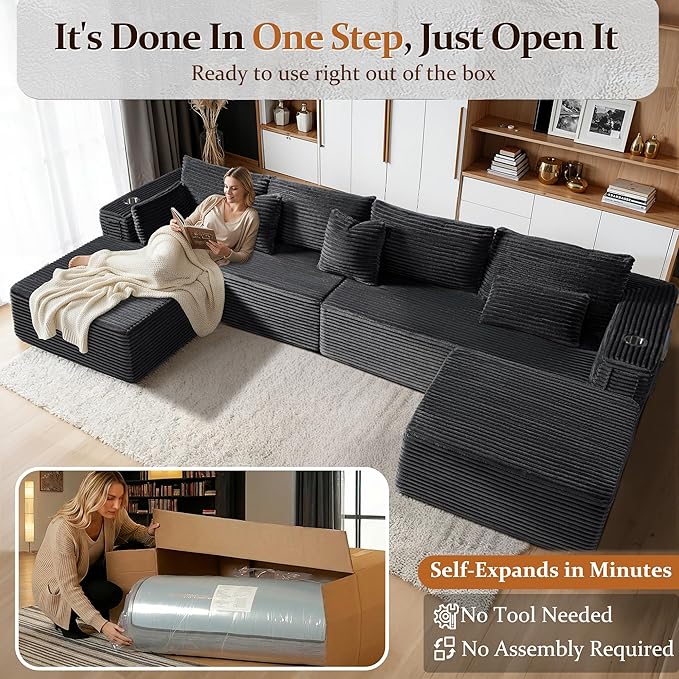 30" Cloud Sectional Couch Single Seat for Living Room, Extra Deep Seats No Assembly, Minimalist Modular Couch, Corduroy (Dark Grey, Single seat)
