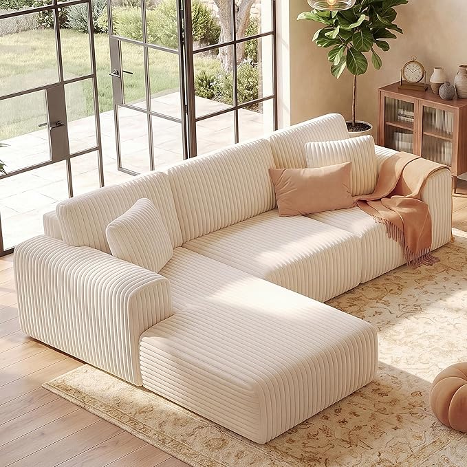 GRUSIGN 107'' Cloud Sectional Boneless Couches for Living Room, Modular L Shaped Couch with Deep Seat Oversized Left Facing Chaise, Memory Foam Compressed Spineless 3 Seater Sofa, Wide-Striped Beige