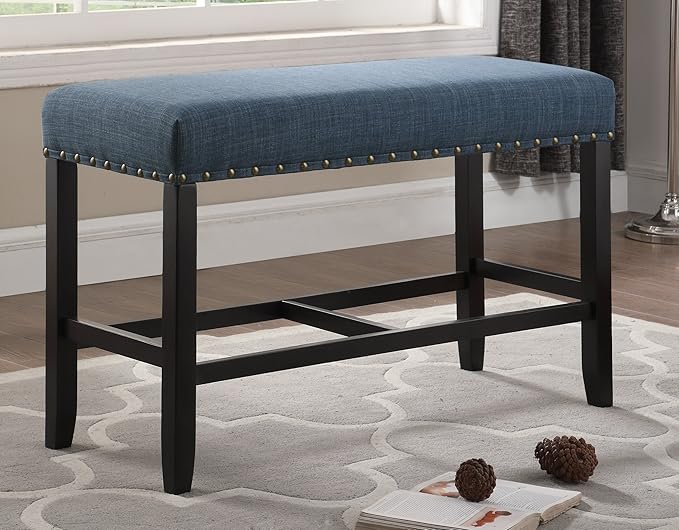 Roundhill Furniture PB162BU Biony Fabric Counter Height Dining Bench with Nailhead Trim, Blue