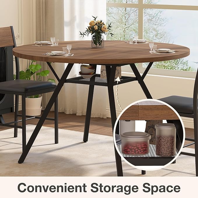 Pamapic 47'' Round Dining Table Set for 6, Kitchen Table and Chairs for 6, Dining Room Circle Dinner Pedestal Table, Solid Metal Frame,Space Saving Wood Small Kitchen & Dining Room Furniture,Walnut