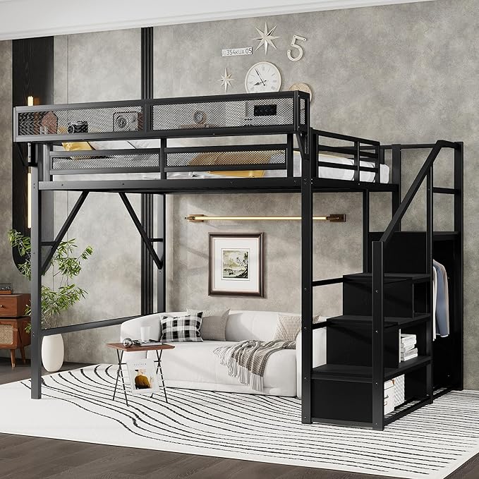 KEIKI Queen Size Metal Loft Bed Frame with Convertible Staircase, Built-in Storage Shelves and Wardrobe, Loft Bed with Solid Slats, Guardrail, No Box Spring Required, Easy Assembly, for Bedroom, Black