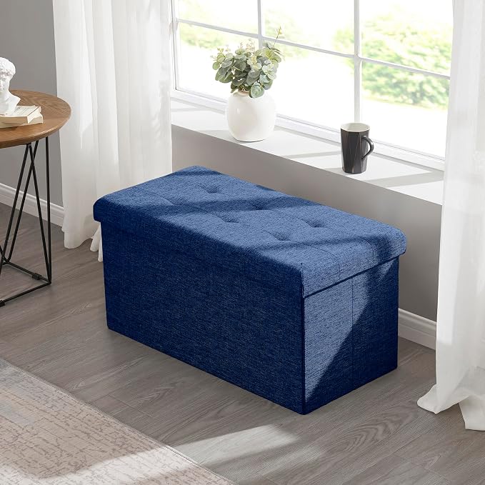 Ornavo Home Folding Storage Ottoman, 30 Inch Large Storage Bench with Lid, Foot Rest Stool for Bedroom, Living Room, Entryway, Tufted Linen Upholstered - Navy Blue