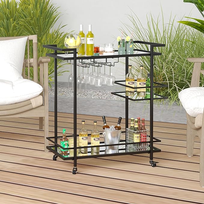 Black Bar Cart, 2-Tier Glass Shelves Rolling Serving Cart with Wheels, Modern Mobile Home Bar Trolley for Kitchen, Living Room, and Dining Room