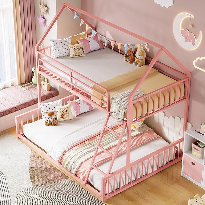 LIKIMIO Bunk Bed Twin Over Full Size, House Bunk Bed Frame with Ladder and Guardrail, House Shaped with Metal Slats Support No Box Spring Needed Space Saving for Bedroom and Dorm, Pink